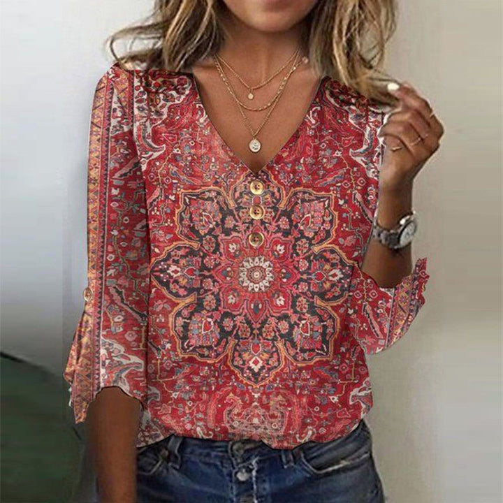 Loretta | Flattering Boho Print V-Neck Top – 3/4 Sleeves, Coral Red