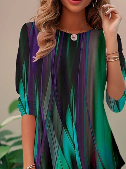 Round Neck Green Random Print Long Sleeves T-shirt