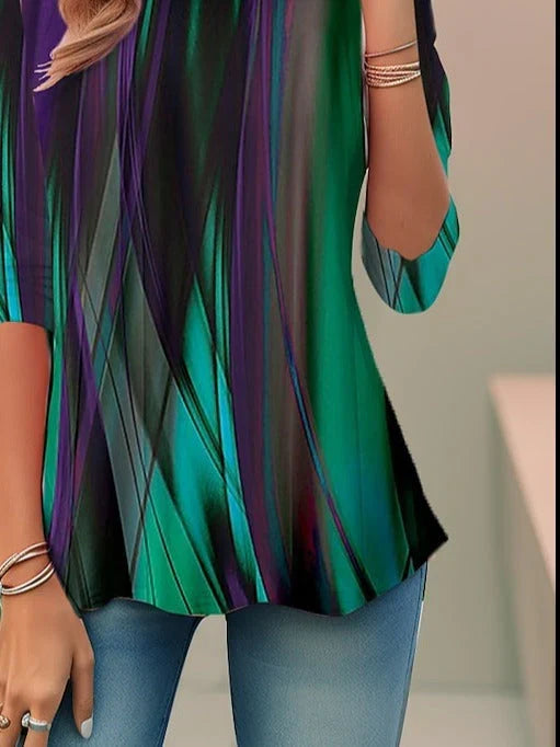 Round Neck Green Random Print Long Sleeves T-shirt