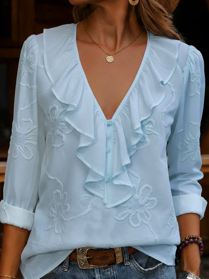 CELESTINE | VINTAGE FLORAL EMBROIDERED FRILL V-NECK SHIRT