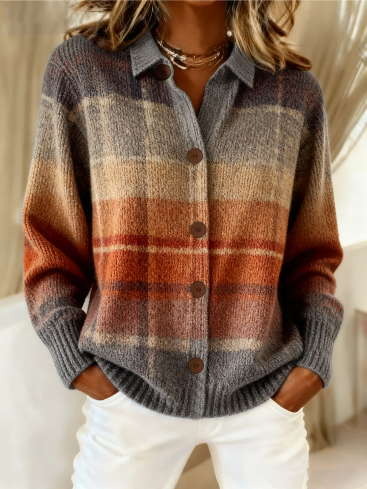 Edith | Cosy Ombre Plaid Button Cardigan – Soft Knit, Classic Collar