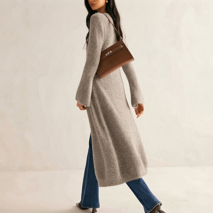 Freya | Elegant Longline Knit Cardigan – V-Neck, Button Front, Flattering Shape