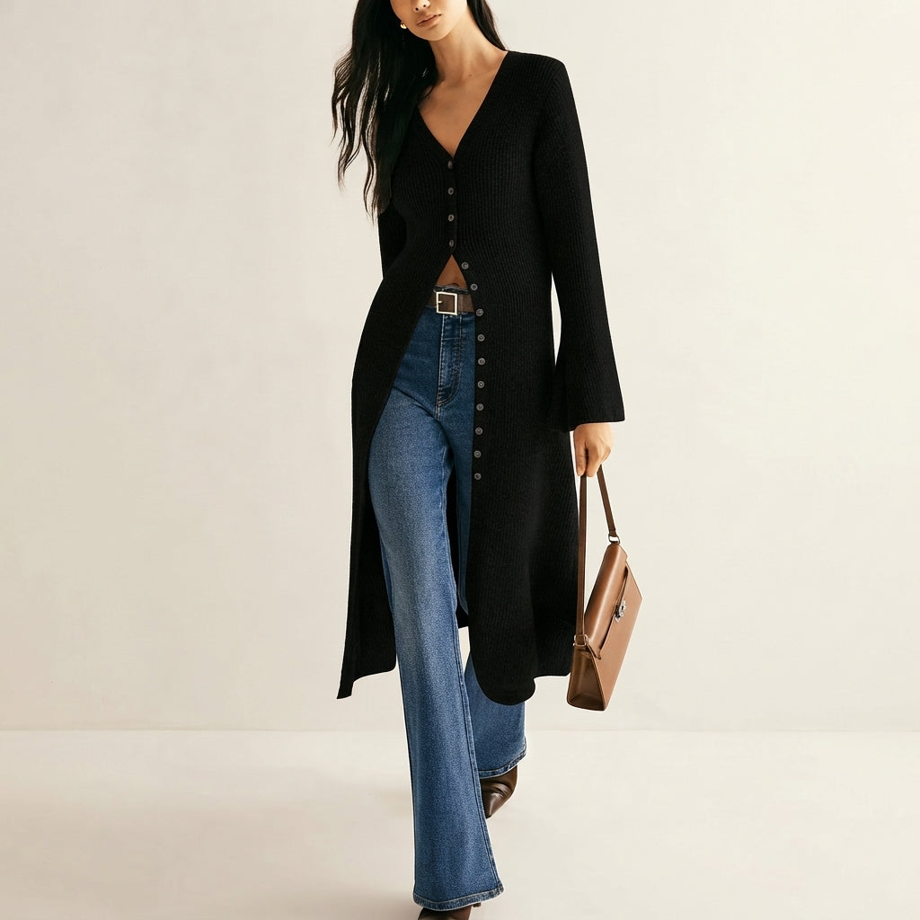 Freya | Elegant Longline Knit Cardigan – V-Neck, Button Front, Flattering Shape
