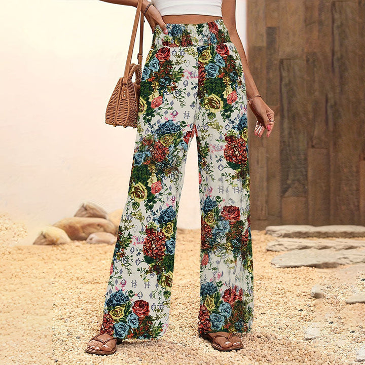 Elastic high-waisted printed wide-leg pants