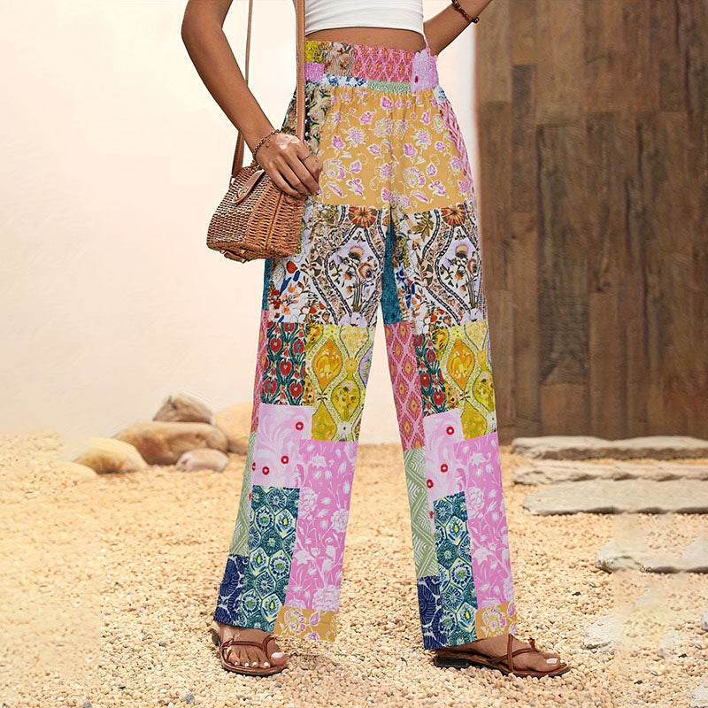 Elastic high-waisted printed wide-leg pants
