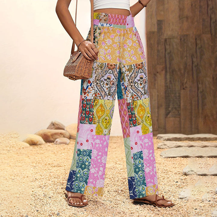 Elastic high-waisted printed wide-leg pants