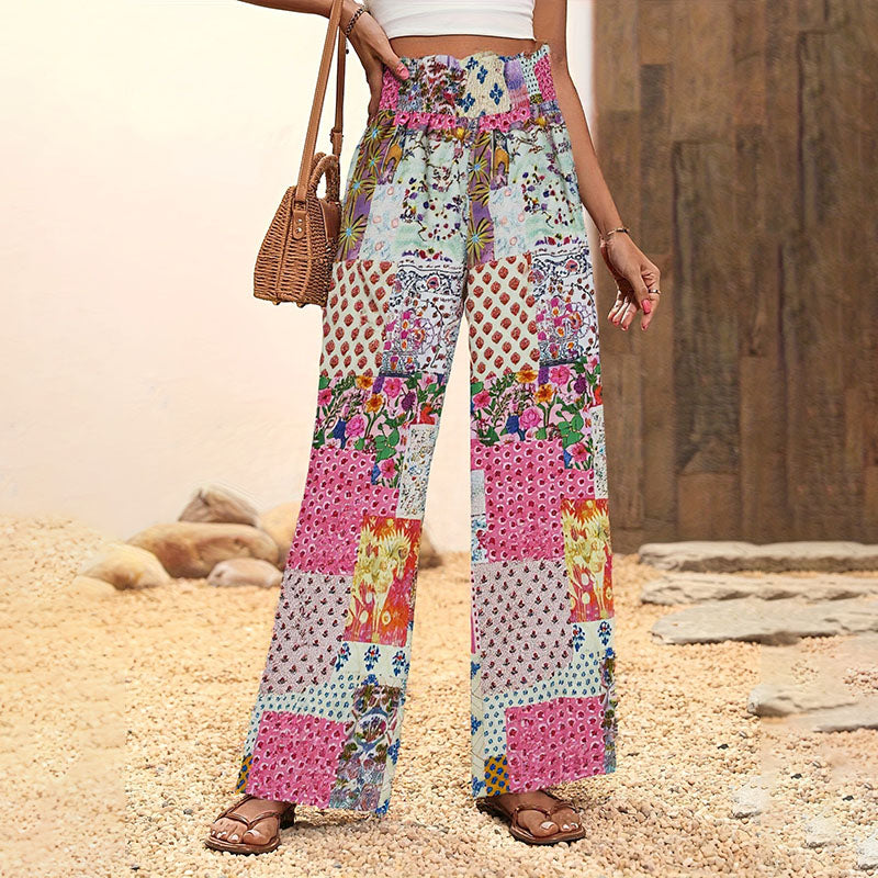 Elastic high-waisted printed wide-leg pants