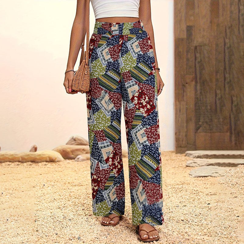 Elastic high-waisted printed wide-leg pants