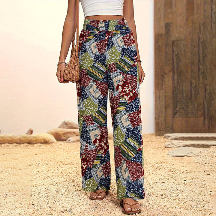 Elastic high-waisted printed wide-leg pants