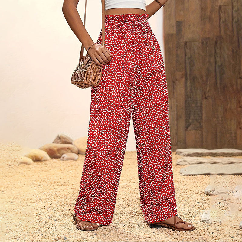 Elastic high-waisted printed wide-leg pants