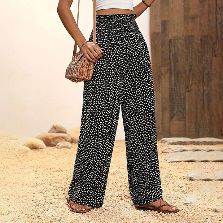 Elastic high-waisted printed wide-leg pants