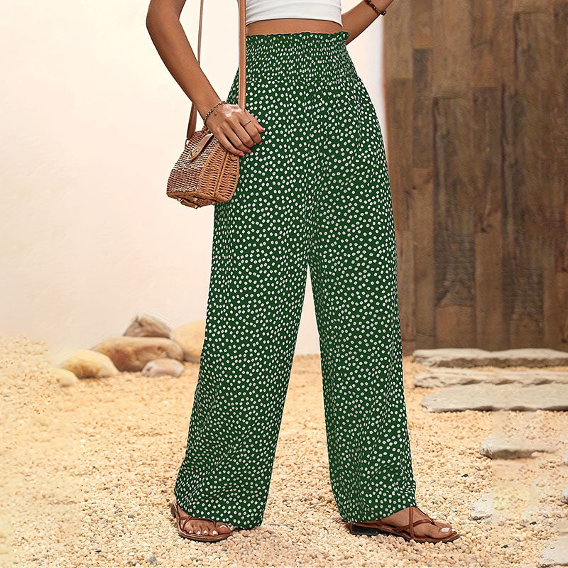Elastic high-waisted printed wide-leg pants
