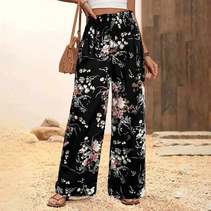 Elastic high-waisted printed wide-leg pants