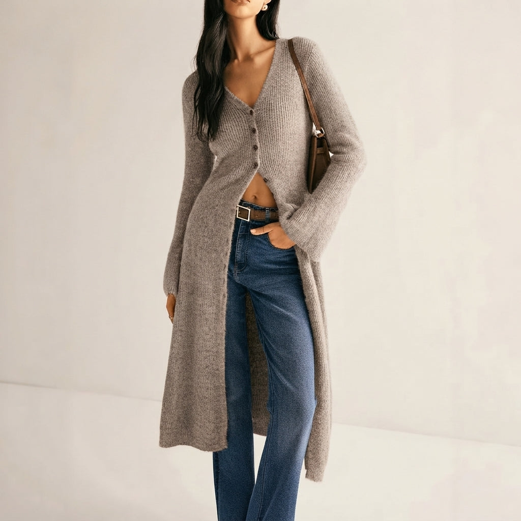 Freya | Elegant Longline Knit Cardigan – V-Neck, Button Front, Flattering Shape