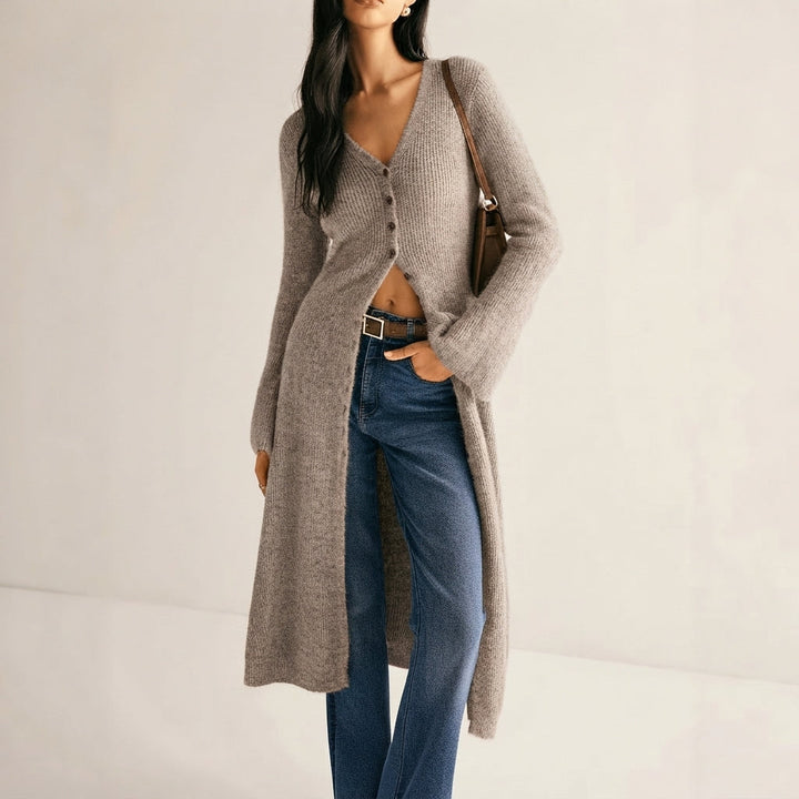 Freya | Elegant Longline Knit Cardigan – V-Neck, Button Front, Flattering Shape