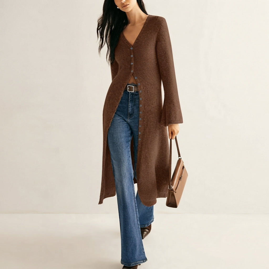 Freya | Elegant Longline Knit Cardigan – V-Neck, Button Front, Flattering Shape
