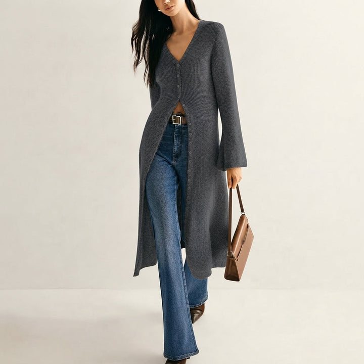Freya | Elegant Longline Knit Cardigan – V-Neck, Button Front, Flattering Shape