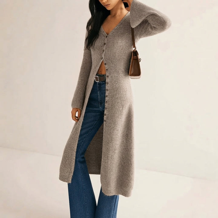 Freya | Elegant Longline Knit Cardigan – V-Neck, Button Front, Flattering Shape