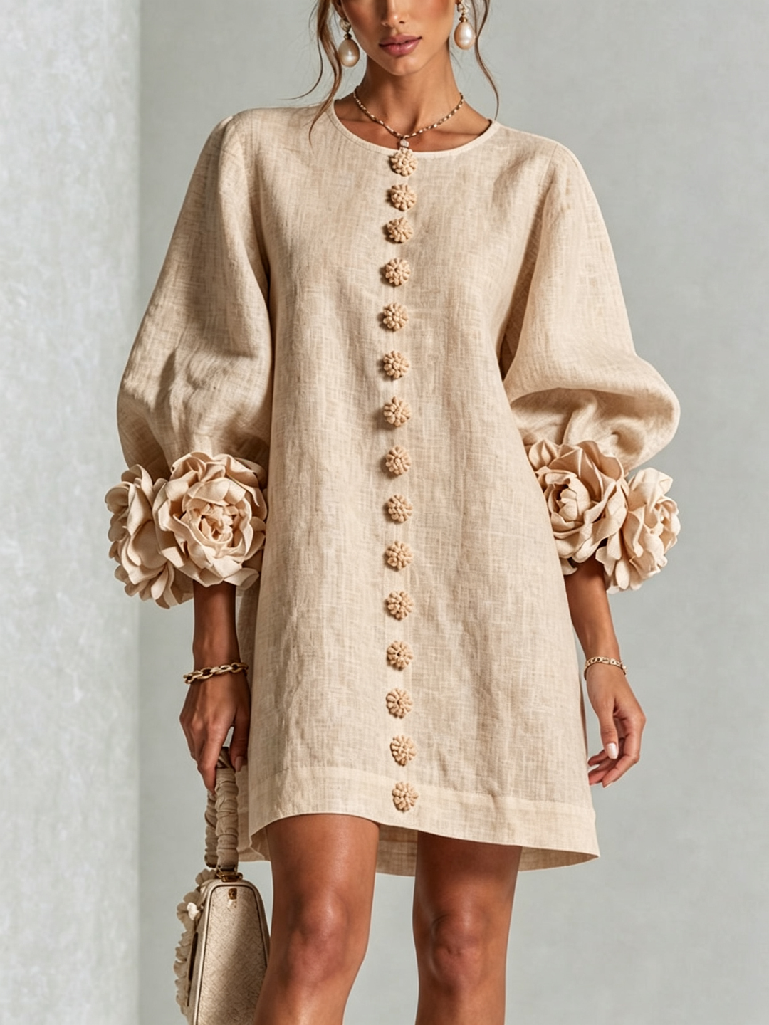 Rosalie | Relaxed Button-Down Mini Dress – Rose-Knot Cuffs, 10 Colours