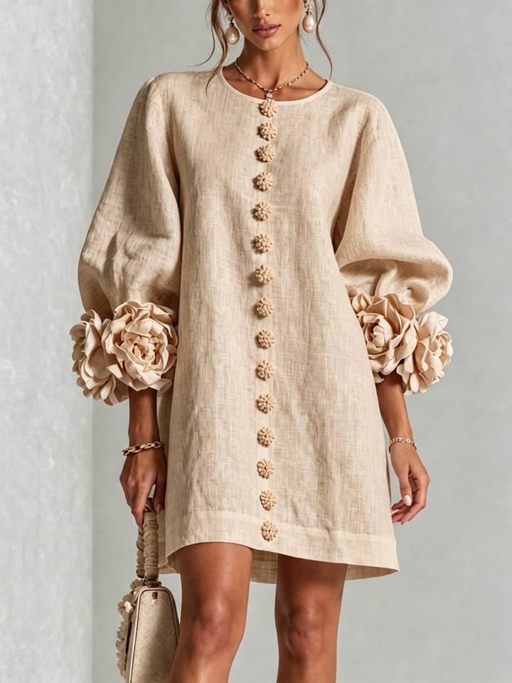 Rosalie | Relaxed Button-Down Mini Dress – Rose-Knot Cuffs, 10 Colours