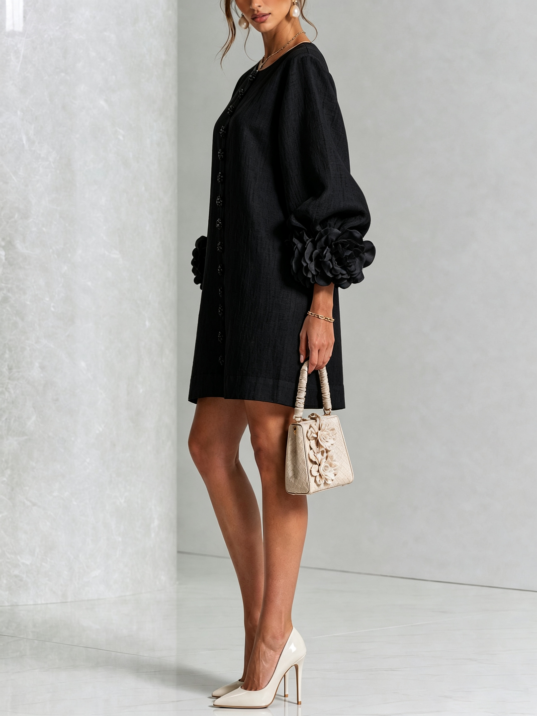 Rosalie | Relaxed Button-Down Mini Dress – Rose-Knot Cuffs, 10 Colours