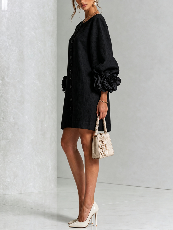 Rosalie | Relaxed Button-Down Mini Dress – Rose-Knot Cuffs, 10 Colours