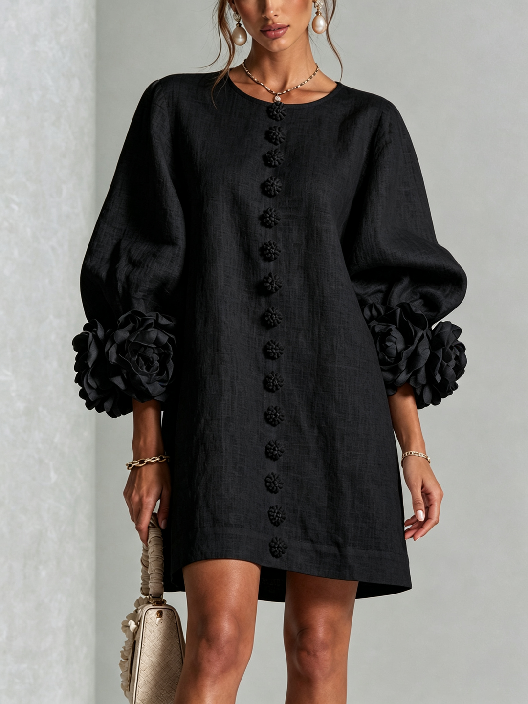 Rosalie | Relaxed Button-Down Mini Dress – Rose-Knot Cuffs, 10 Colours