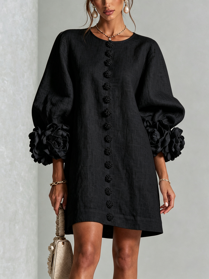 Rosalie | Relaxed Button-Down Mini Dress – Rose-Knot Cuffs, 10 Colours