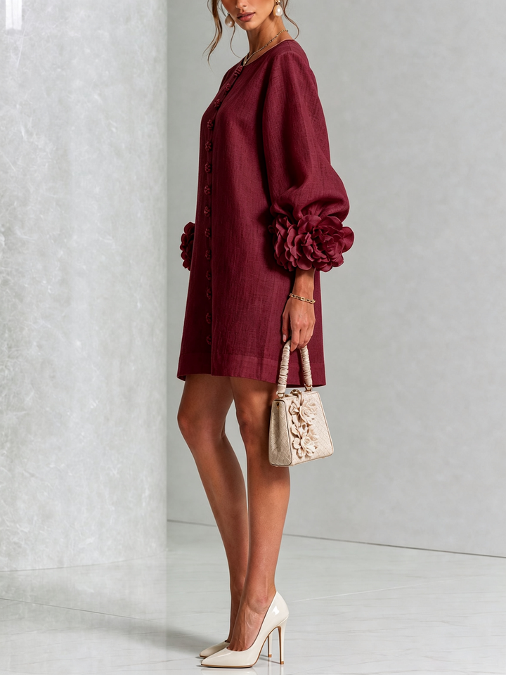 Rosalie | Relaxed Button-Down Mini Dress – Rose-Knot Cuffs, 10 Colours