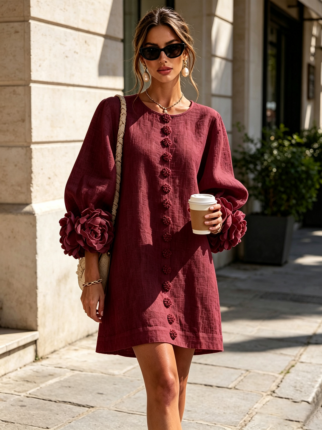Rosalie | Relaxed Button-Down Mini Dress – Rose-Knot Cuffs, 10 Colours