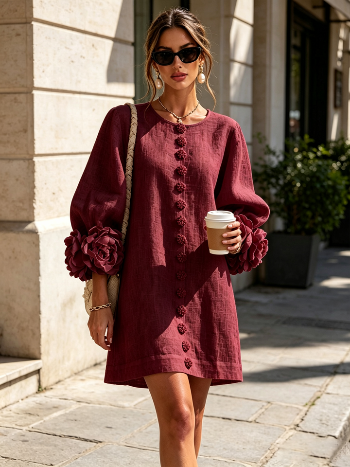 Rosalie | Relaxed Button-Down Mini Dress – Rose-Knot Cuffs, 10 Colours