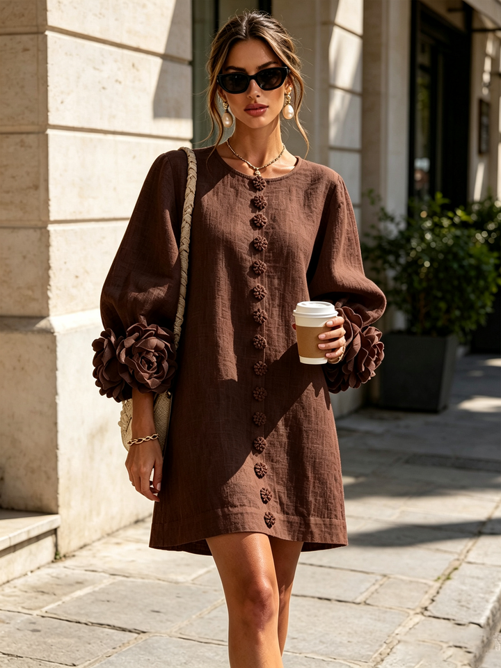 Rosalie | Relaxed Button-Down Mini Dress – Rose-Knot Cuffs, 10 Colours