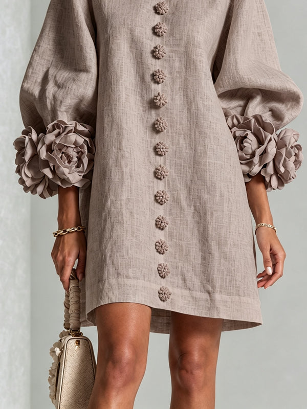 Sadie | Easy-Fit Button-Front Mini Dress – Floral Cuff Sleeves, Taupe