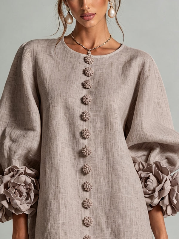 Sadie | Easy-Fit Button-Front Mini Dress – Floral Cuff Sleeves, Taupe