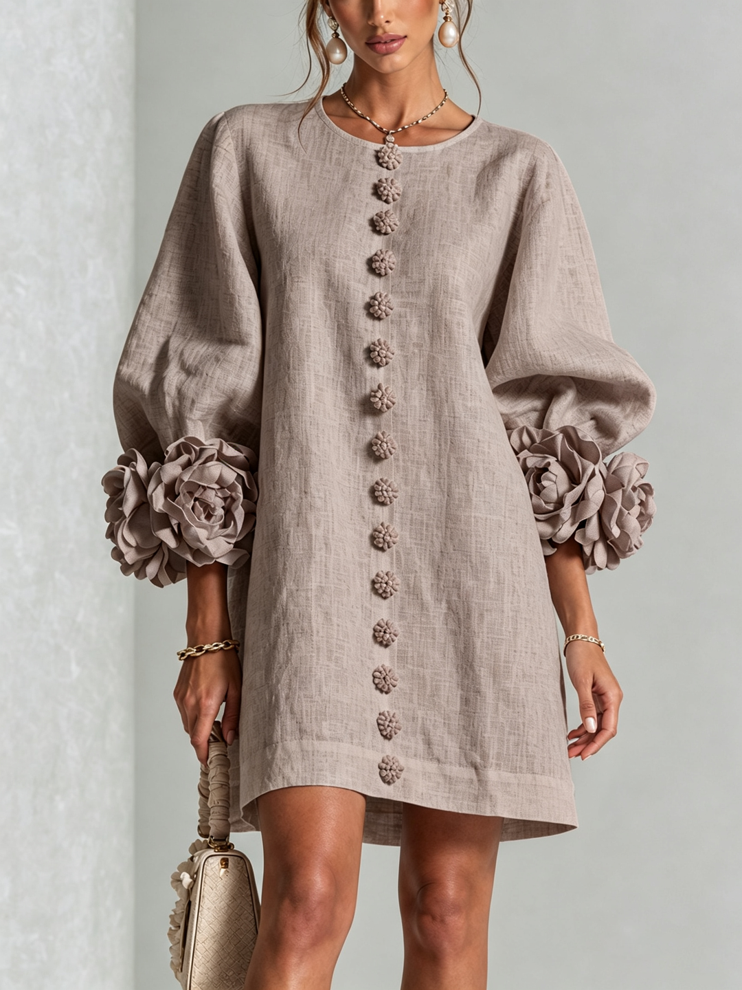 Sadie | Easy-Fit Button-Front Mini Dress – Floral Cuff Sleeves, Taupe