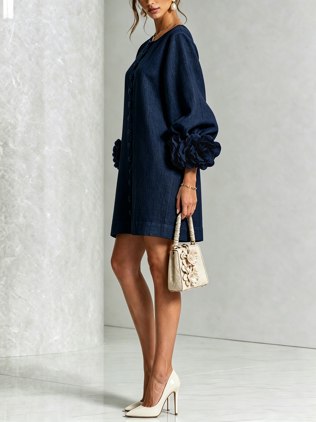 Rosalie | Relaxed Button-Down Mini Dress – Rose-Knot Cuffs, 10 Colours
