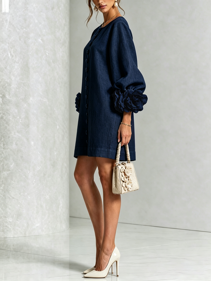 Rosalie | Relaxed Button-Down Mini Dress – Rose-Knot Cuffs, 10 Colours