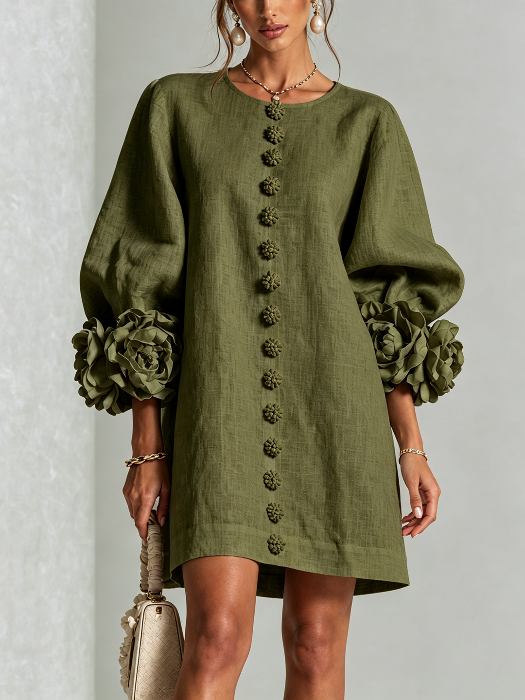 Rosalie | Relaxed Button-Down Mini Dress – Rose-Knot Cuffs, 10 Colours