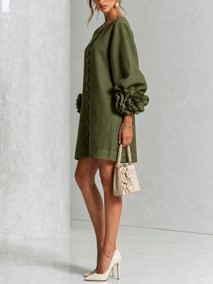 Rosalie | Relaxed Button-Down Mini Dress – Rose-Knot Cuffs, 10 Colours