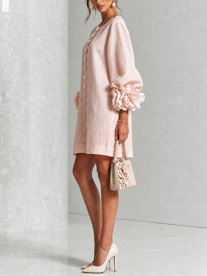Rosalie | Relaxed Button-Down Mini Dress – Rose-Knot Cuffs, 10 Colours