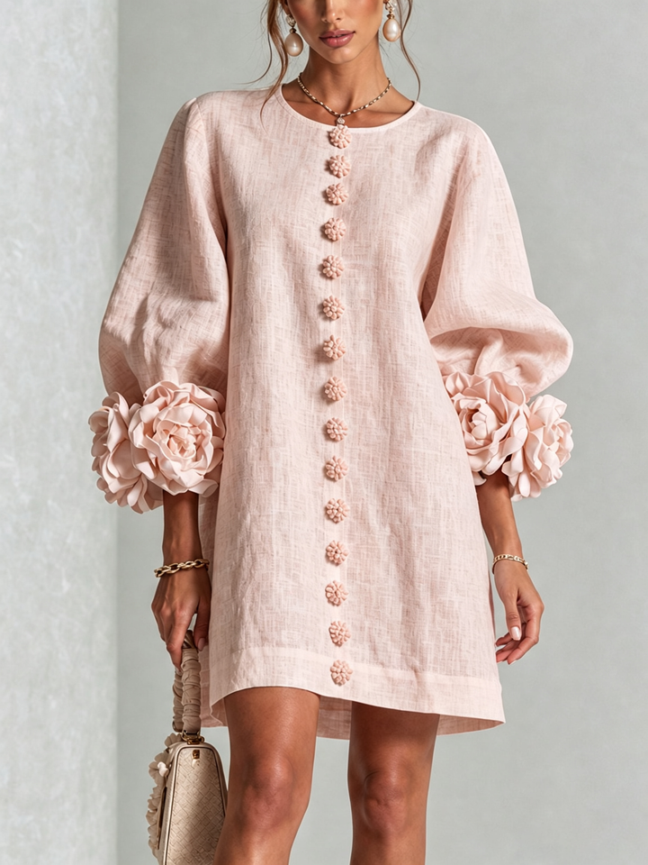Rosalie | Relaxed Button-Down Mini Dress – Rose-Knot Cuffs, 10 Colours