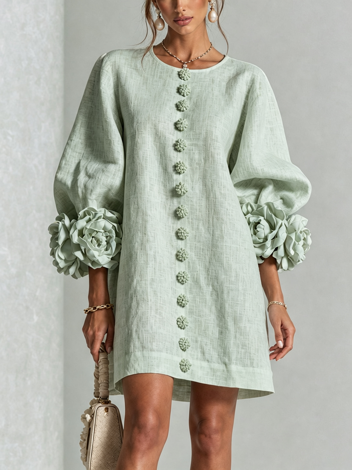 Rosalie | Relaxed Button-Down Mini Dress – Rose-Knot Cuffs, 10 Colours