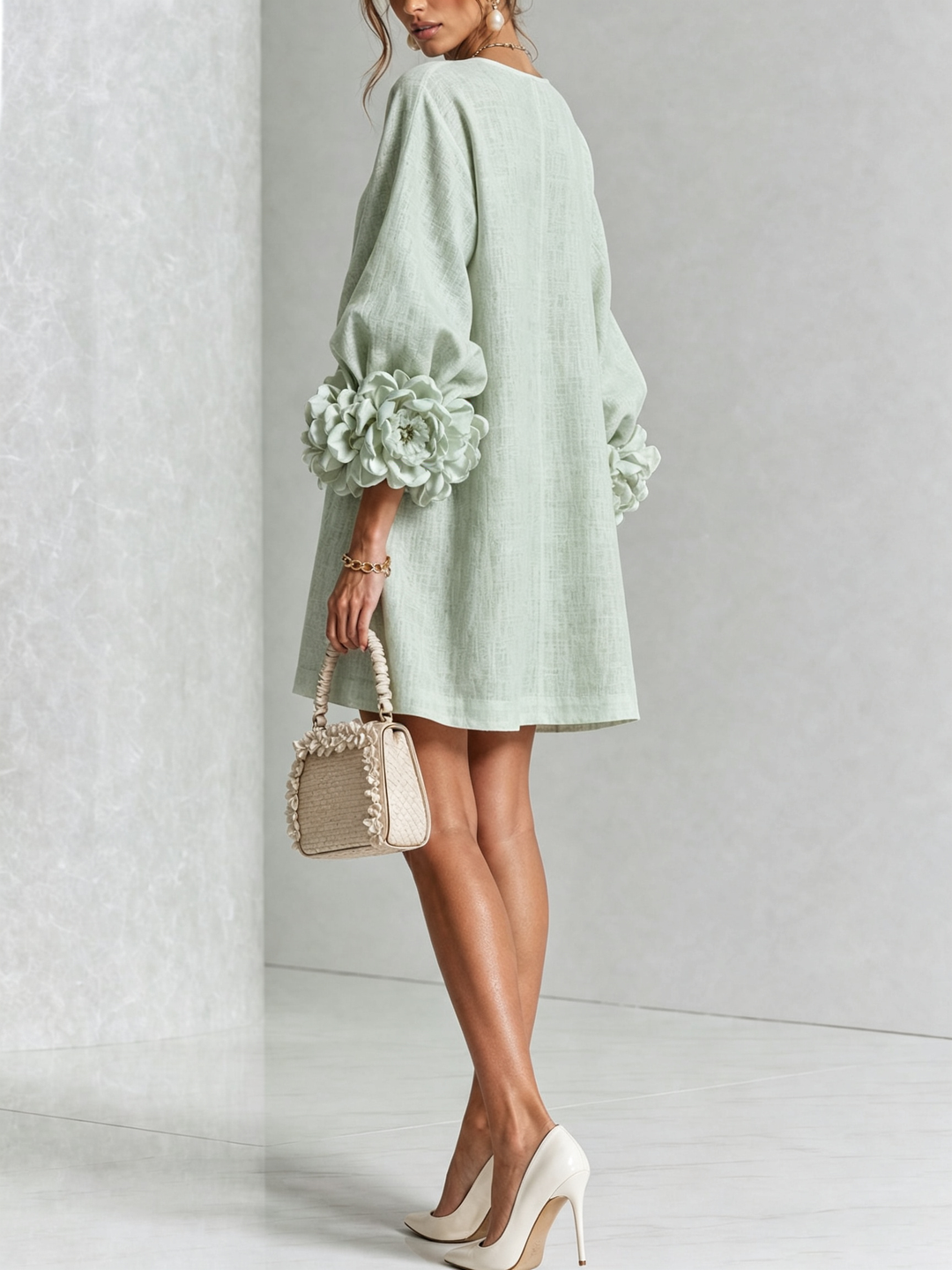 Rosalie | Relaxed Button-Down Mini Dress – Rose-Knot Cuffs, 10 Colours