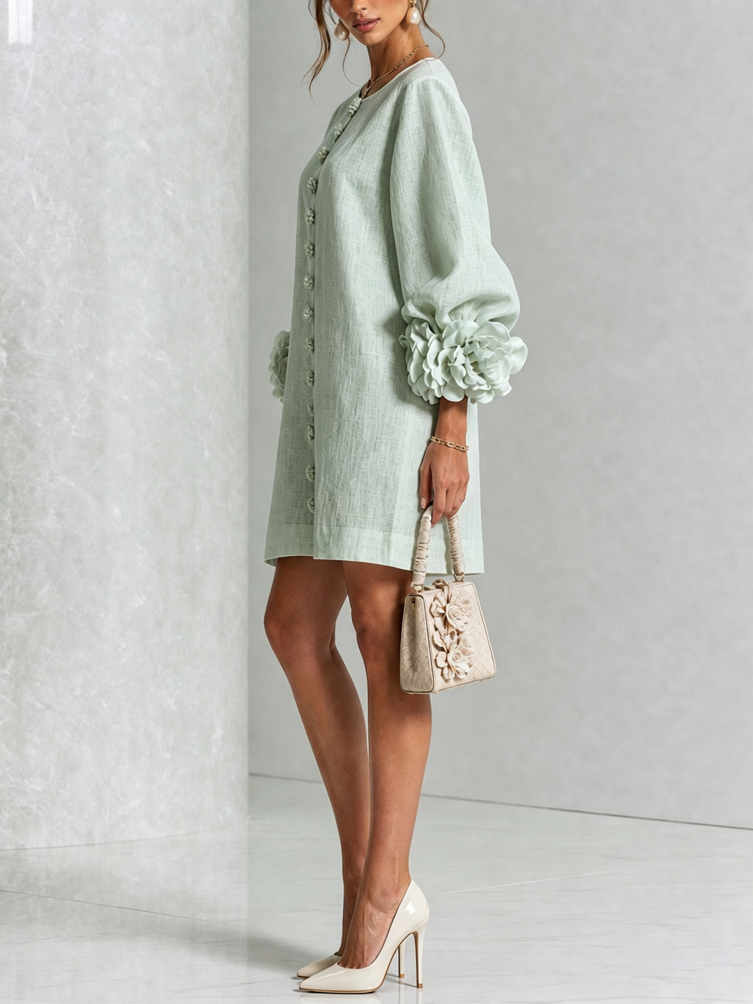 Rosalie | Relaxed Button-Down Mini Dress – Rose-Knot Cuffs, 10 Colours