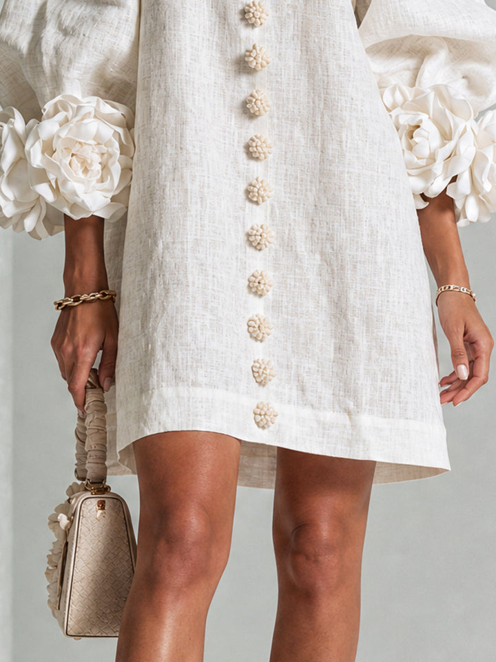 Rosalie | Relaxed Button-Down Mini Dress – Rose-Knot Cuffs, 10 Colours