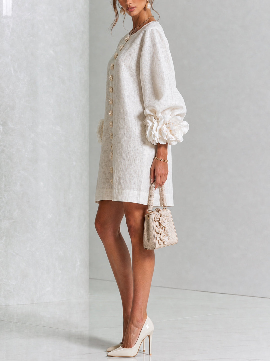 Rosalie | Relaxed Button-Down Mini Dress – Rose-Knot Cuffs, 10 Colours