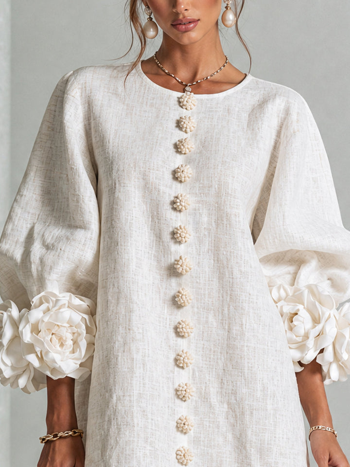 Rosalie | Relaxed Button-Down Mini Dress – Rose-Knot Cuffs, 10 Colours