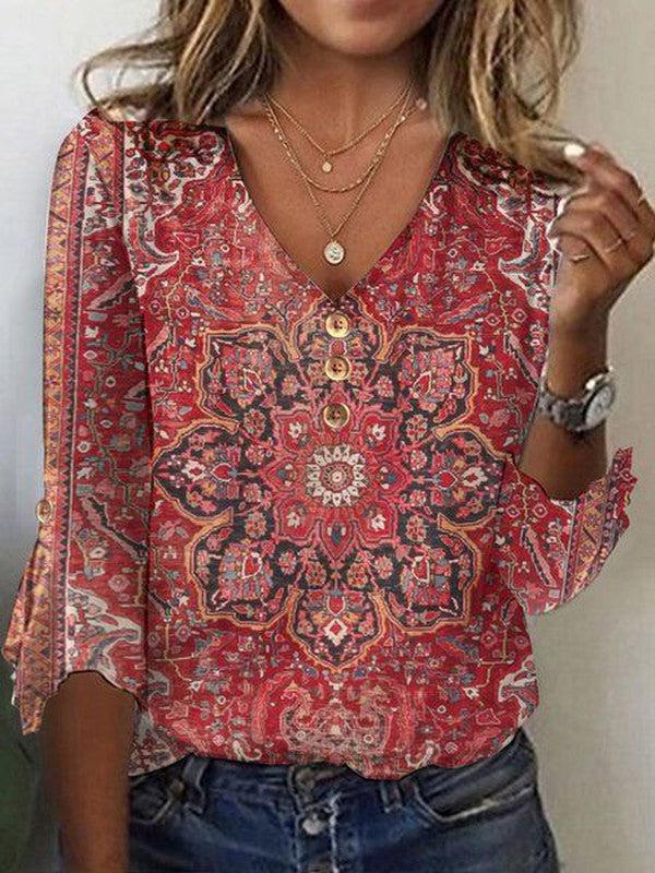 Loretta | Flattering Boho Print V-Neck Top – 3/4 Sleeves, Coral Red
