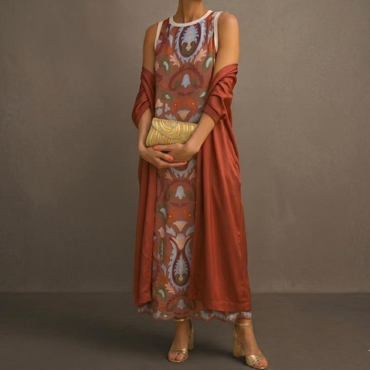 Victoria | Printed Maxi Dress with Matching Layer