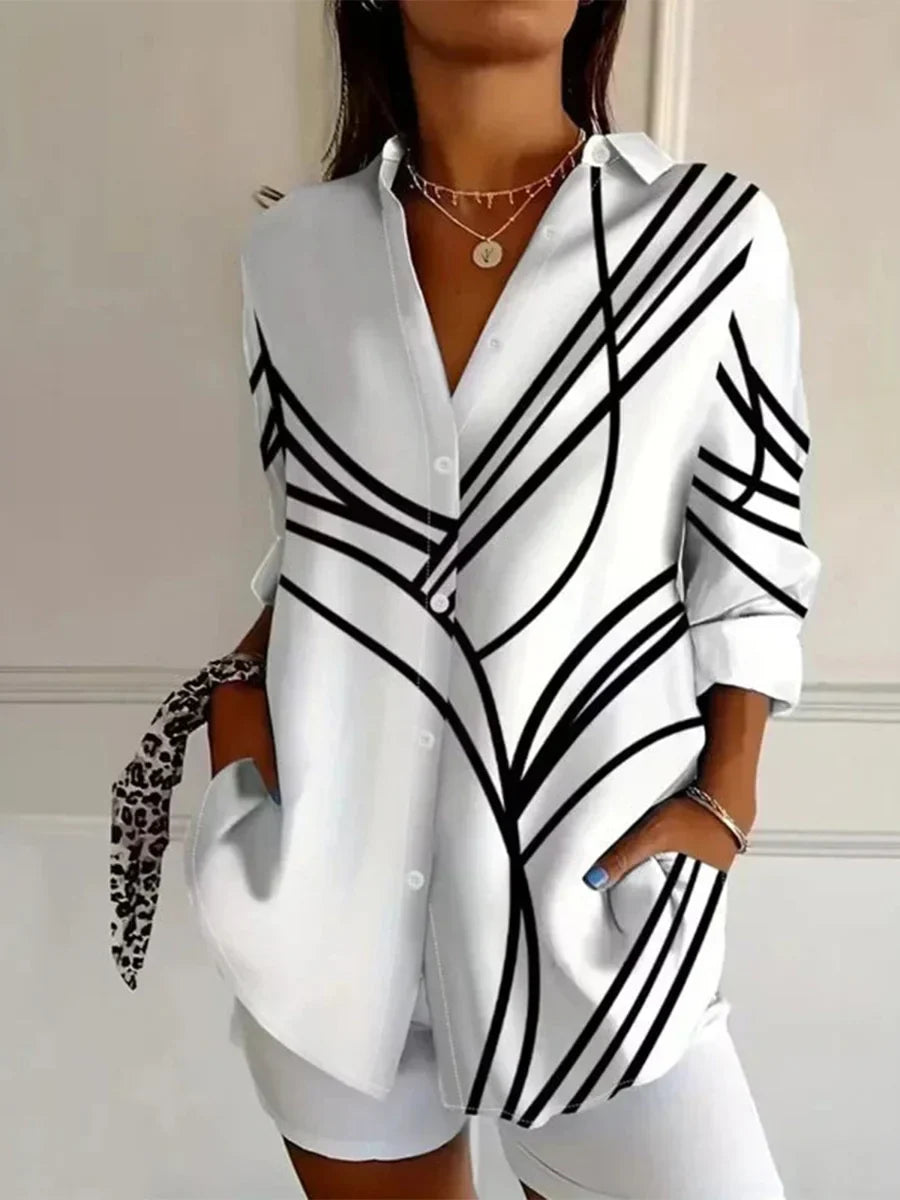 Abstract Stripe Lapel Neck Long Sleeve Casual Loose Blouse